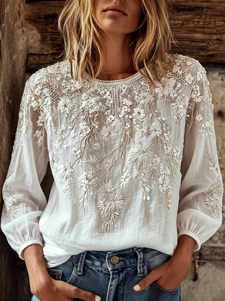 Losse katoenen-linnen top voor dames, vintage stijl met artistieke bloemenprint